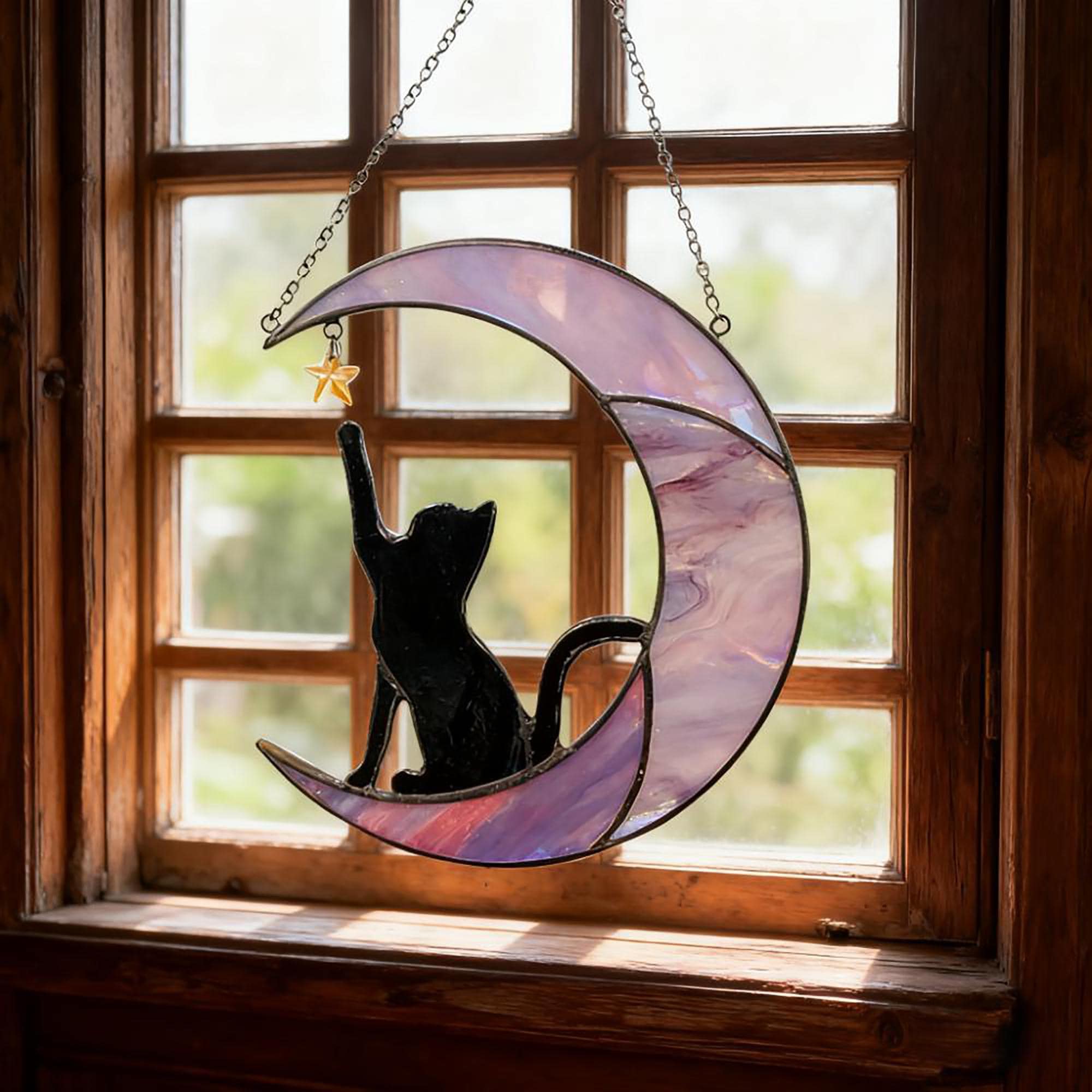 Black Cat Moon Stained Glass Suncatcher, Cat Lovers Gift Window Hanging ...
