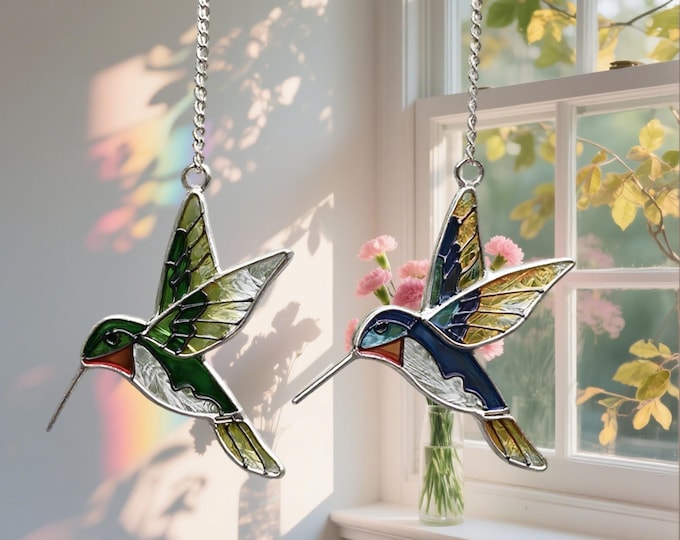 Set of 2 Hummingbird Stained Glass Suncatcher, Handmade Colorful Glass Birds, Window Hanging Decor, Rainbow Gift for Nature or Bird Lovers