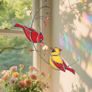 Red Love Birds Stained Glass Sun Catcher – Romantic Handmade Window Hanging – Couple Bird Glass Art Gift for Anniversary or Home Decor