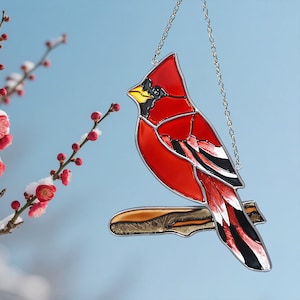 Handmade Stained Glass Red Bird Sun Catcher – Vibrant Cardinal Window Decor – Nature Inspired Gift for Bird Lovers and Home Decoration