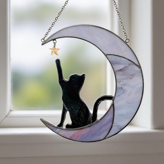 Stained Glass Cat on Crescent Moon Suncatcher, Handmade Glass Window Hanging, Celestial Home Decor, Gift for Cat and Moon Lovers