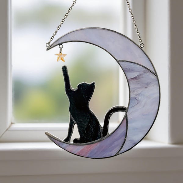 Acchiappasole in vetro colorato raffigurante un gatto su una luna crescente, da appendere alle finestre in vetro fatto a mano, decorazione per la casa celeste, regalo per gli amanti dei gatti e della luna.