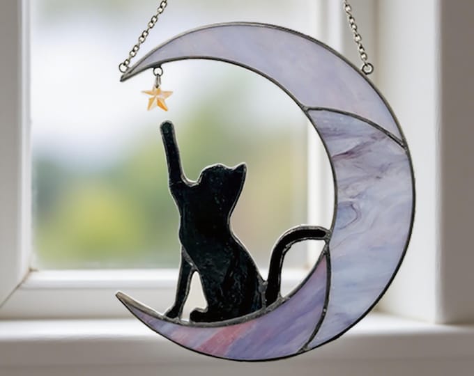 Stained Glass Cat on Crescent Moon Suncatcher, Handmade Glass Window Hanging, Celestial Home Decor, Gift for Cat and Moon Lovers