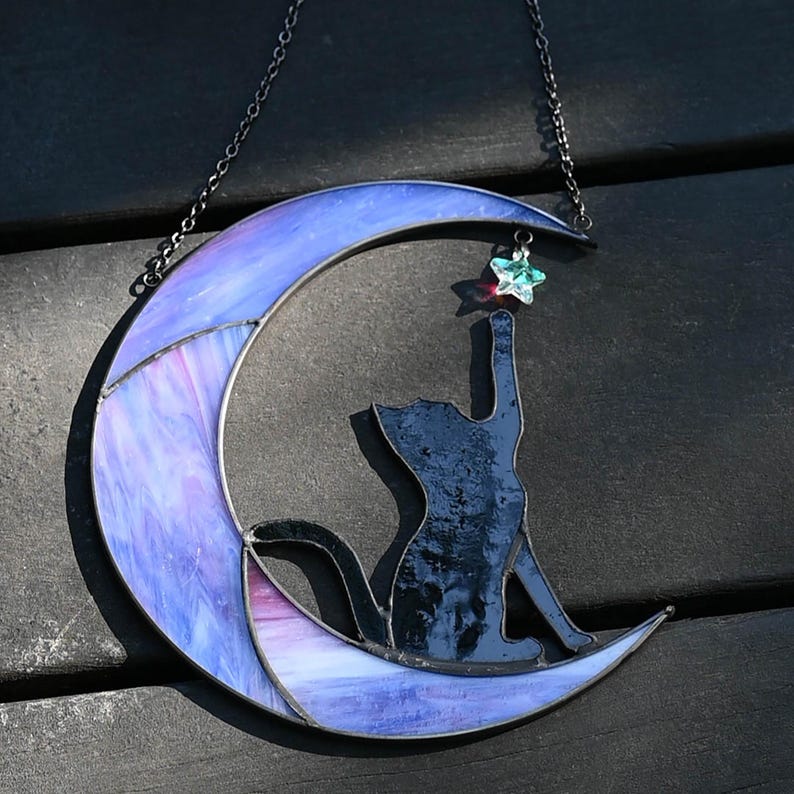 Stained Glass Cat on Crescent Moon Suncatcher, Handmade Glass Window Hanging, Celestial Home Decor, Gift for Cat and Moon Lovers image 5
