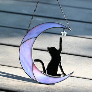 Stained Glass Cat on Crescent Moon Suncatcher, Handmade Glass Window Hanging, Celestial Home Decor, Gift for Cat and Moon Lovers image 2
