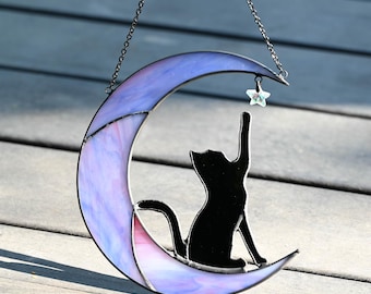 Black Cat Moon Stained Glass Suncatcher, Cat Lovers Gift Window Hanging Décor