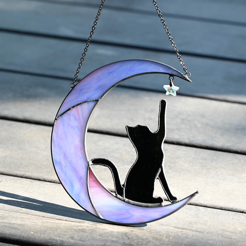 Stained Glass Cat on Crescent Moon Suncatcher, Handmade Glass Window Hanging, Celestial Home Decor, Gift for Cat and Moon Lovers image 2