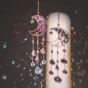 Crystal Suncatcher Purple Tree of Life Moon , Healing Crystal Window Hanging, Boho Rainbow Maker, Spiritual Home Decor Gift