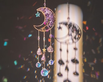 Crystal Suncatcher Purple Tree of Life Moon , Healing Crystal Window Hanging, Boho Rainbow Maker, Spiritual Home Decor Gift
