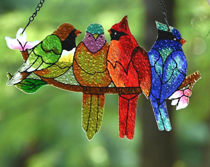 Stained Glass Birds Suncatcher, Four Colorful Birds on Branch Window Hanging, Handmade Glass Bird Ornament, Garden Home Decor Gift