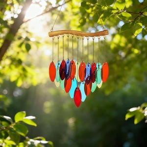 May include: A colorful wind chime with oval-shaped, stained-glass-like pieces in shades of red, orange, blue, and green. The chimes hang from a natural wooden branch, creating a decorative outdoor accent. The background is a blurred view of green foliage.