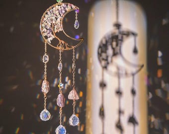 Crystal Suncatcher Moonstone Life Tree , Healing Crystal Window Hanging, Boho Home Decor, Rainbow Maker Gift for Spiritual Energy