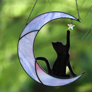 Stained Glass Cat on Crescent Moon Suncatcher, Handmade Glass Window Hanging, Celestial Home Decor, Gift for Cat and Moon Lovers image 4