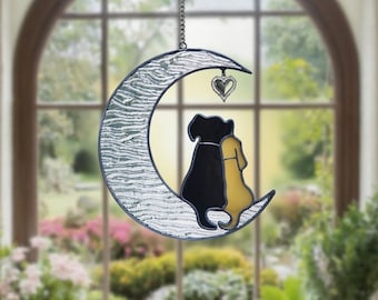 Stained Glass Moon Dogs Suncatcher – Romantic Couple Dog Hanging – Handmade Glass Window Decor for Dog Lovers, Gifts & Home Charm
