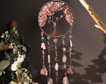Atrapasol de cristal, Árbol de la Vida Rosa, Cristal curativo para colgar en la ventana, Decoración para crear arcoíris, Adorno espiritual bohemio para el hogar.