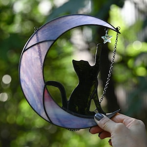 Stained Glass Cat on Crescent Moon Suncatcher, Handmade Glass Window Hanging, Celestial Home Decor, Gift for Cat and Moon Lovers image 6