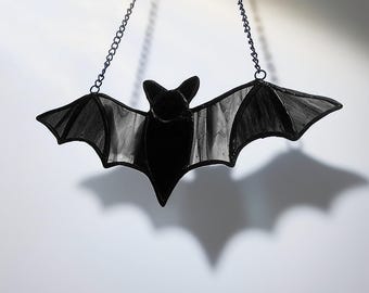 Stained Glass Black Bat Suncatcher, Gothic Halloween Decor