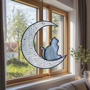Stained Glass Cat on Moon Sun Catcher – Handmade Window Hanging for Cat Lovers – Crescent Moon Glass Decor, Gift for Her or Home