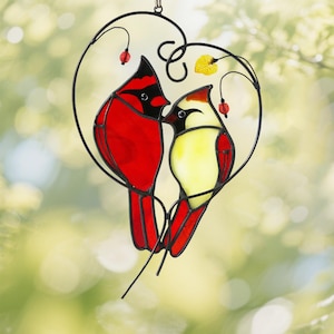 Stained Glass Love Birds Sun Catcher–Red Couple Bird Window Hanging–Handmade Romantic Glass Decor–Perfect Gift for Weddings / Anniversaries