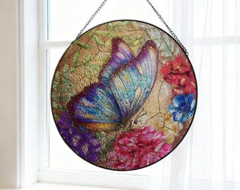 蝶と花のステンドグラスパネル、鮮やかな丸窓装飾 - Etsy 日本