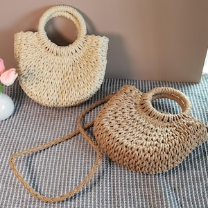 Handwoven Half Moon Straw Bag | Bohemian Summer Crossbody Beach Purse | Large Capacity Shoulder Bag for Women | Beach Handbag – Lightweight