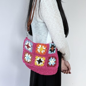 Handmade Crochet Shoulder Bag, Knitted Multicolor Bag, Boho Trendy Shoulder Bag, Crochet Granny Square Bag, Crochet Bag, Mother Day Gift