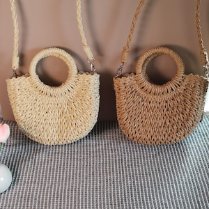 Handwoven Rattan Summer Beach Crossbody Tote for Women | Large Capacity | Boho Rattan Half-Moon Straw Bag | Boho Chic Women’s Handbag, Gift