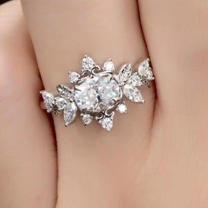 Floral Moissanite Engagement Ring with Leaf and Vine Design | Vintage Nature Inspired Bridal Ring | Unique Fairycore Wedding Jewelry