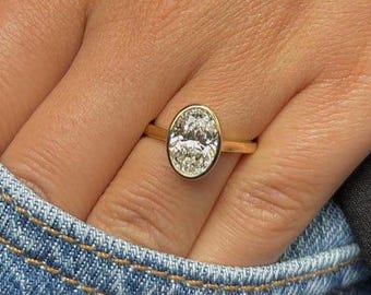 Bezel Set Oval Moissanite Engagement Ring in Yellow Gold | Minimalist Solitaire Ring | Modern Bridal Jewelry | Unique Wedding Ring