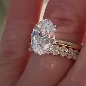 Oval Cut Moissanite Ring Set | 14k Yellow Gold Hidden Halo Bridal Set | Unique Engagement Ring with Matching Band | Luxury Wedding Jewelry