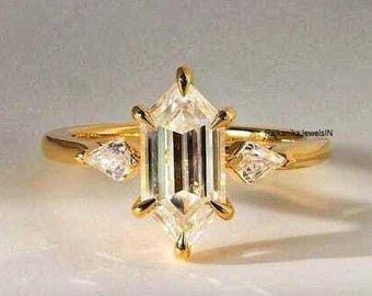 Anel de Noivado com Moissanita Hexagonal, Solitário Geométrico Art Déco, Joias em Prata de Lei e Ouro