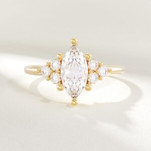 Marquise Cut 2ct Moissanite  Diamond Ring – 14K Gold Cluster Setting, Vintage-Inspired Engagement Ring, Dainty Bridal Jewelry