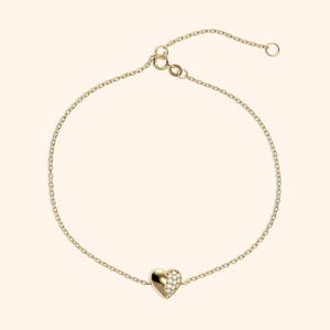 14K Gold Heart Bracelet, Dainty 6.5&#39;&#39;-7.5&#39;&#39; Adjustable Chain, Half Pave CZ Setting, Minimalist Love Jewelry, Gift for Her