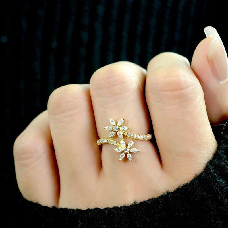Gold Floral Diamond Ring | Unique Bypass Flower Ring for Women | Dainty Nature Inspired Adjustable Ring | Botanical Jewelry Gift