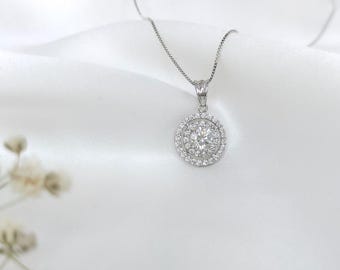 Moissanite Halo Pendant Necklace, 18k White Gold, 1.2cm, Round Brilliant Cut, Double Halo Setting, Sparkling for Special Occasions