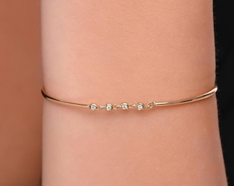 14K Gold Moissanite Bangle Bracelet – 6.5&#39;&#39; Dainty Cuff, Round-Cut Stones, Bezel Setting, Minimalist Gold Bar Design, Gift for Her