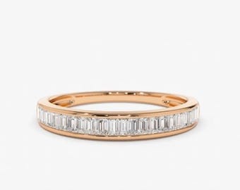 Anello Half Eternity con moissanite baguette, fede nuziale con incastonatura a canale, argento sterling e oro