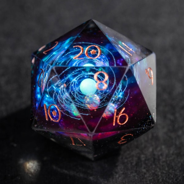 Dados poliédricos DND de borde afilado con núcleo de ópalo galáctico artesanales de lujo D20