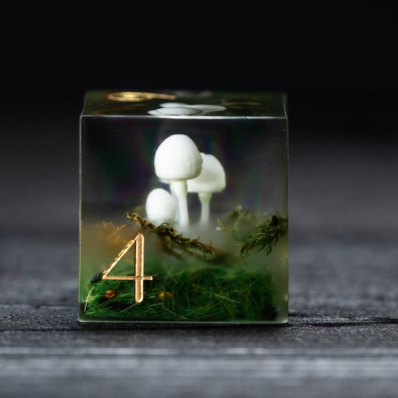 Pode incluir: Um dado de resina transparente com uma cena florestal em miniatura no interior. A cena inclui cogumelos brancos, musgo verde e o n&uacute;mero 4 em dourado. O dado tem formato de cubo e est&aacute; sobre um fundo escuro.
