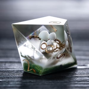 Pode incluir: Um dado de resina transparente de v&aacute;rias faces com figuras de cogumelos brancos, detalhes dourados e musgo verde. O dado tem n&uacute;meros dourados e est&aacute; sobre um fundo escuro. Um acess&oacute;rio de jogo de mesa &uacute;nico.