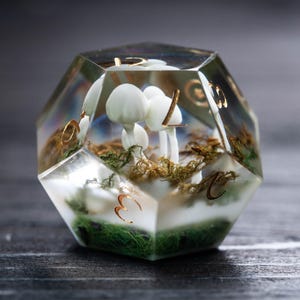 Pode incluir: Um dado de resina transparente e multifacetado com figuras de cogumelos brancos e numera&ccedil;&atilde;o dourada. O interior apresenta uma paisagem em miniatura com musgo verde e folhagem marrom. O dado &eacute; um item decorativo &uacute;nico.