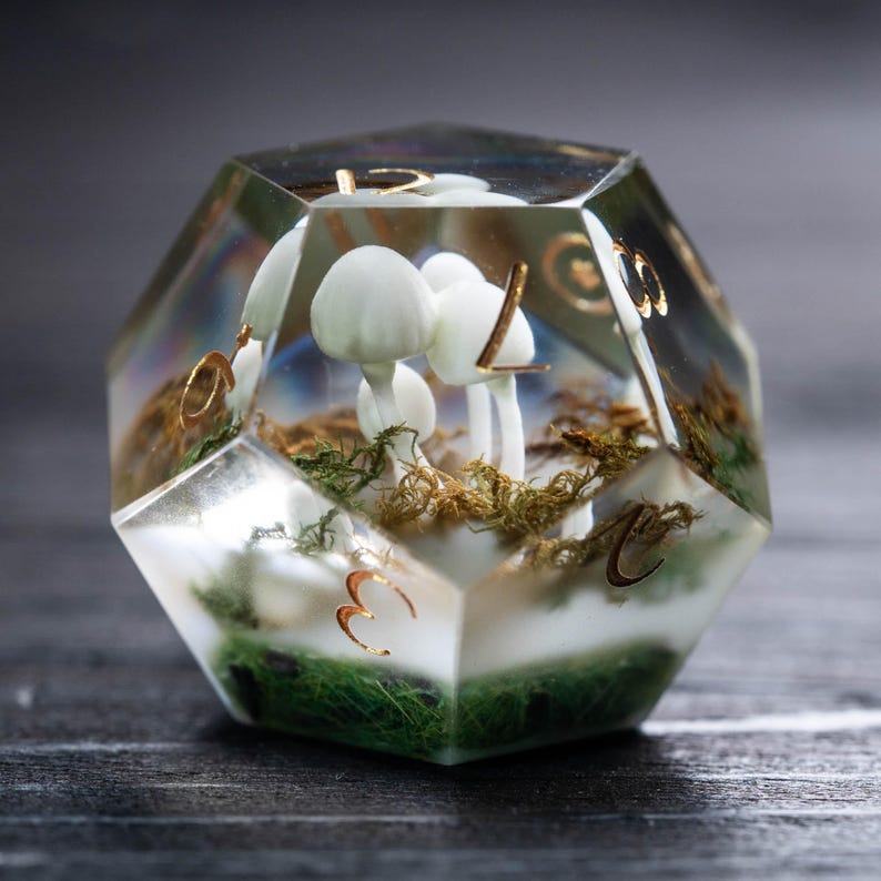 Pode incluir: Um dado de resina transparente e multifacetado com figuras de cogumelos brancos e numera&ccedil;&atilde;o dourada. O interior apresenta uma paisagem em miniatura com musgo verde e folhagem marrom. O dado &eacute; um item decorativo &uacute;nico.