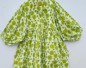Floral Print Cotton Mini Midi Dress - Deep Neck Tunic Top