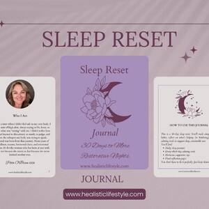 Könnte beinhalten: Ein Journal mit dem Titel "Sleep Reset" mit einem lila Einband mit einem floralen und Halbmond-Design. Das Journal verspricht 30 Tage für erholsamere Nächte. Das Bild enthält auch ein Foto der Autorin, Pita O'Brien.
