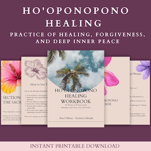 Può includere: Un quaderno di lavoro digitale intitolato "Ho'oponopono Healing Workbook" con un tema tropicale. La copertina presenta una palma e il cielo, con pagine aggiuntive che mostrano illustrazioni floreali e testo. Il design generale è morbido e invitante, promuovendo la guarigione e la pace interiore.