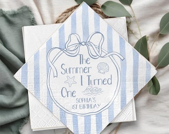 The Summer I Turned One Napkins, Custom Coastal 1St Birthday Napkins, Summer Birthday Napkins