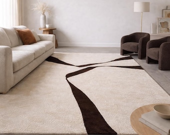 Hand getufteter Wollteppich, abstraktes cremefarbenes & braunes Design