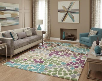 Tappeto astratto a mosaico trapuntato a mano, tappeto geometrico moderno per interni / Arredamento per la casa nei colori verde acqua, viola e verde
