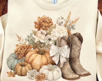 Herbst Cowgirl Stiefel PNG | Western Herbst Blumenmuster | Western Herbst PNG | Blumen Kürbis Png | Kokette Herbst Png