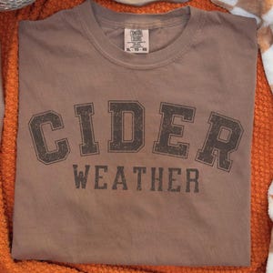 K&ouml;nnte beinhalten: Ein braunes T-Shirt mit den Worten "CIDER WEATHER" in dunkelbraunen Blockbuchstaben aufgedruckt. Das Shirt liegt gefaltet auf einer orangefarbenen Decke, mit einer Discokugel und einer karierten Decke im Hintergrund.